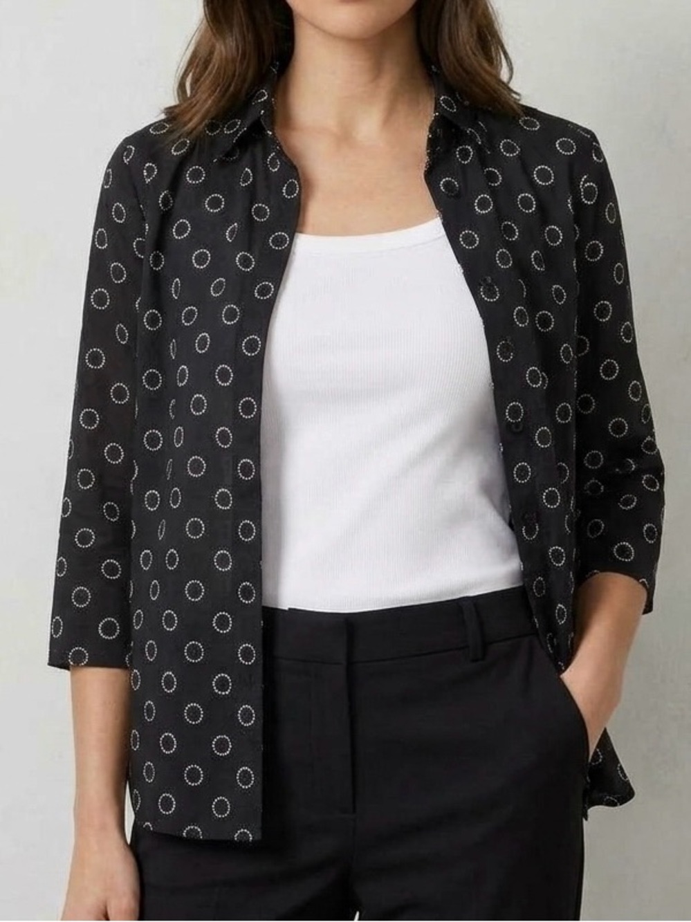 Foxcroft Carolina Dot Print Button Up Shirt Blouse Black White Shirt
